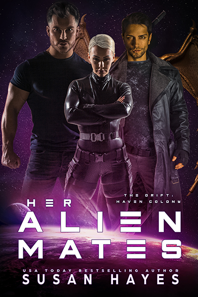 Cover of her Alien Mates. A woman stands between two men. One is tall and bearded, the other has gold skin and wings.